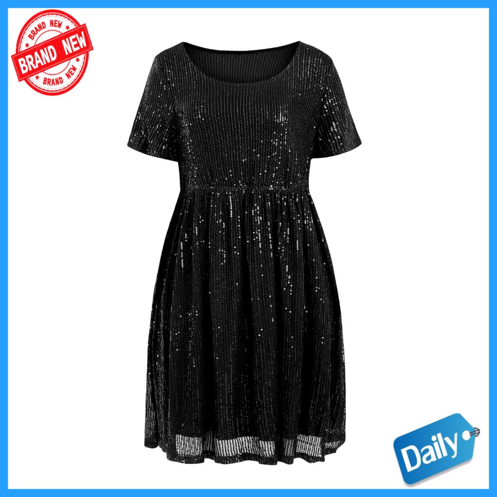 Sequin Pleated Mini Dress A-Line Scoop Neck Cocktail Party Elegant